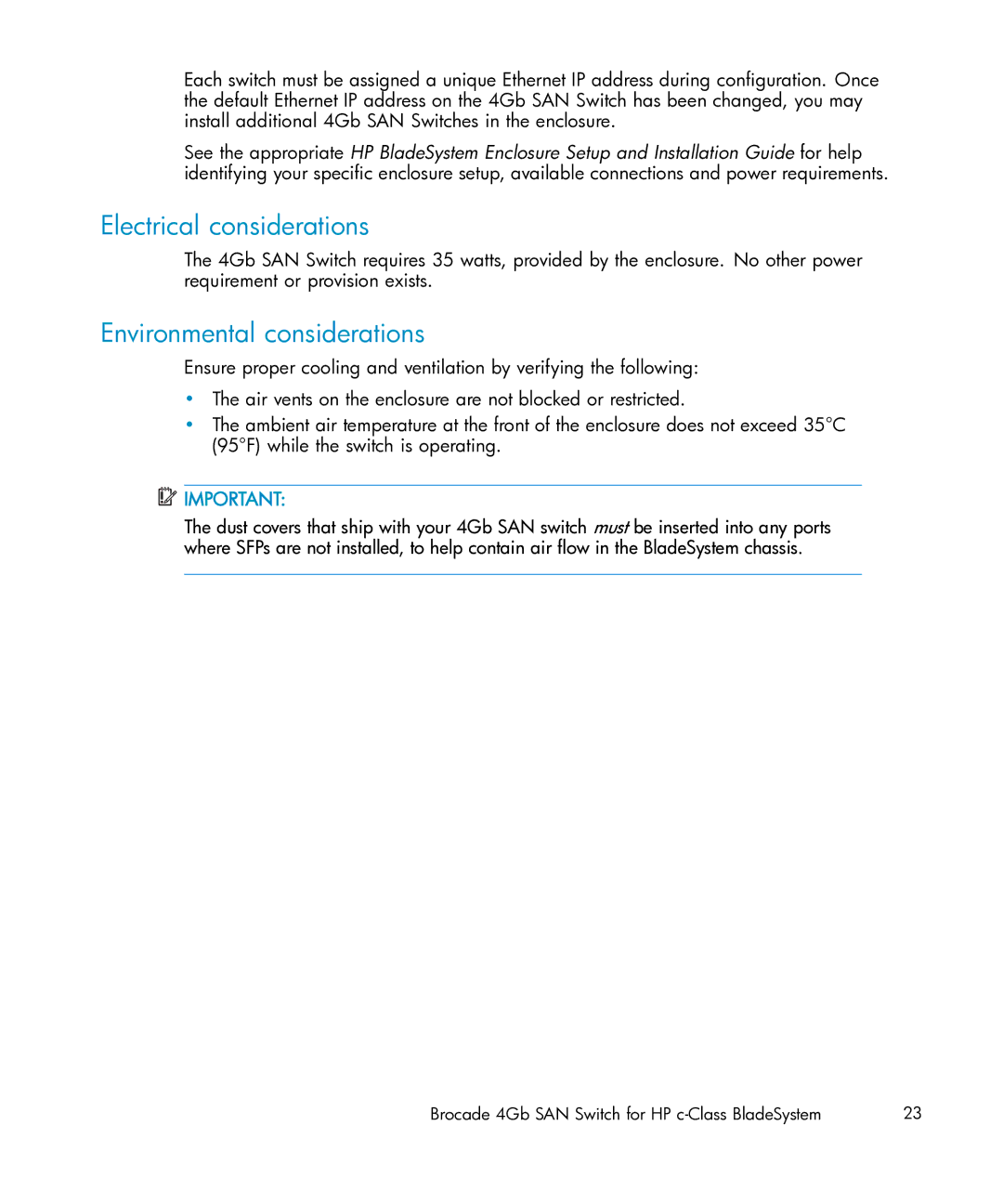 HP Brocade 4Gb SAN c-Class BladeSystem manual Electrical considerations, Environmental considerations 