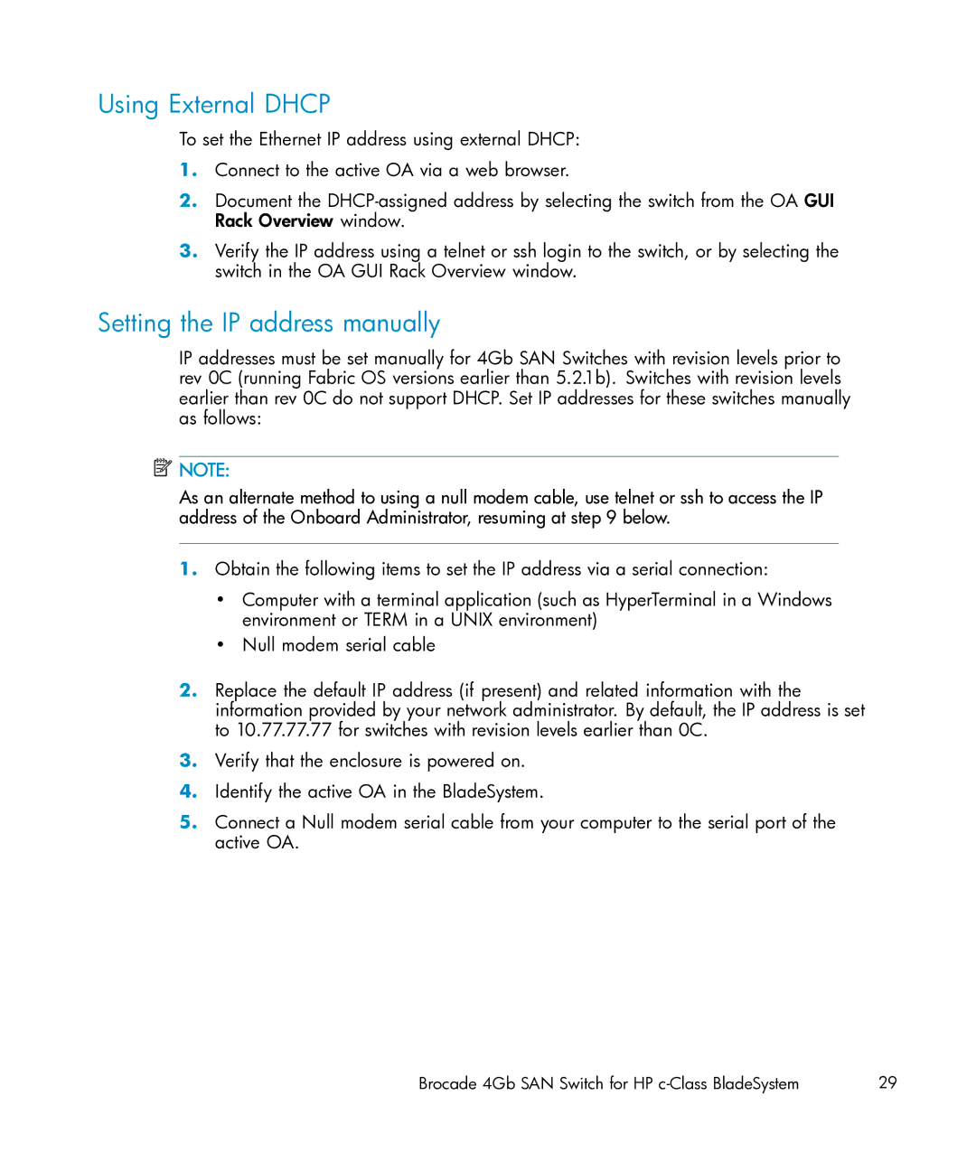 HP Brocade 4Gb SAN c-Class BladeSystem Using External Dhcp, Setting the IP address manually 