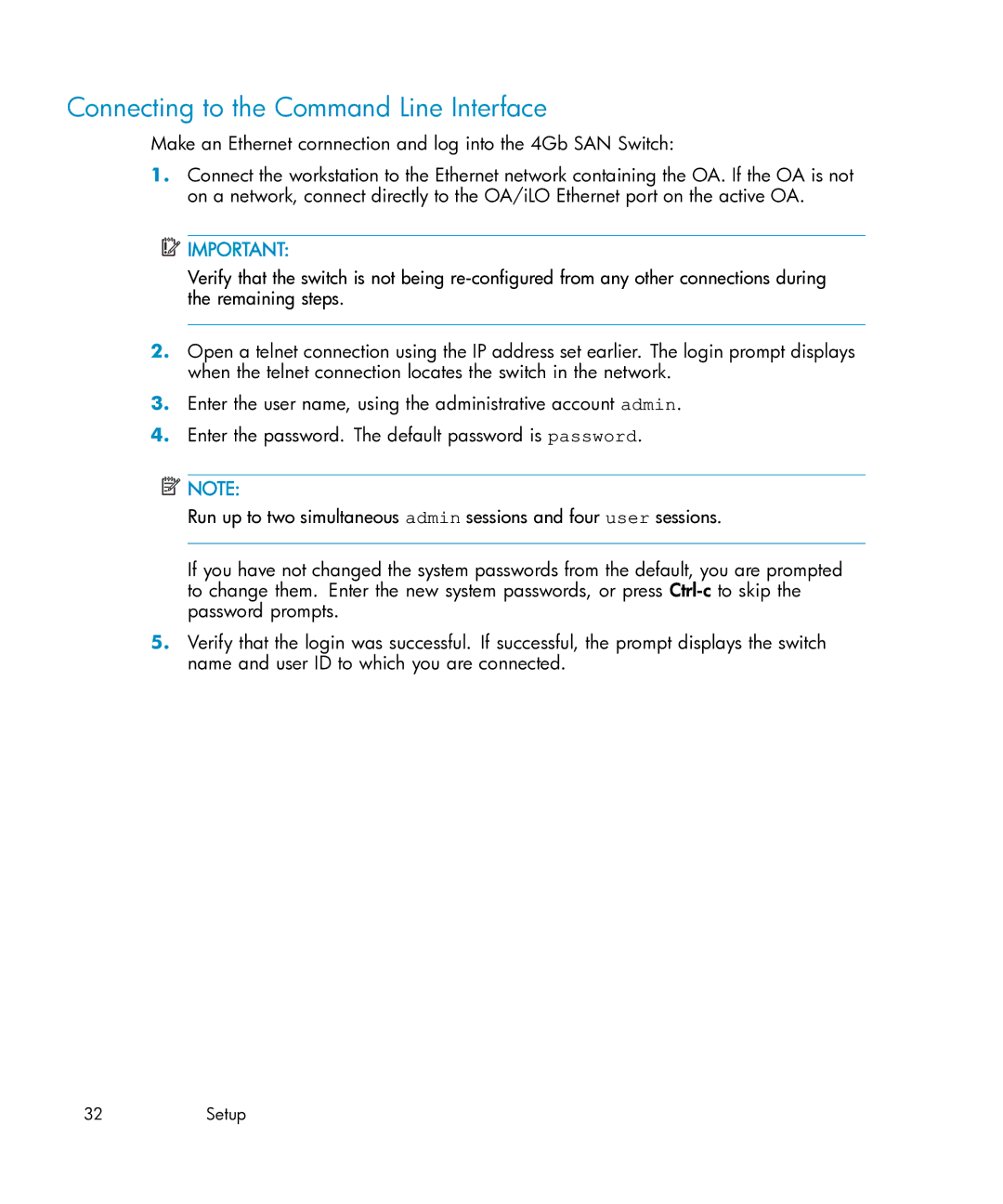 HP Brocade 4Gb SAN c-Class BladeSystem manual Connecting to the Command Line Interface 