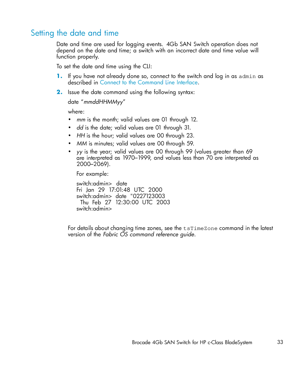 HP Brocade 4Gb SAN c-Class BladeSystem manual Setting the date and time 