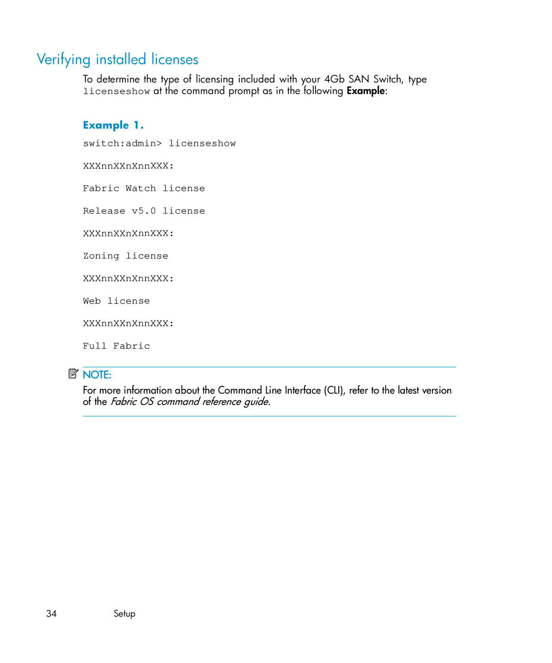 HP Brocade 4Gb SAN c-Class BladeSystem manual Verifying installed licenses, Example 