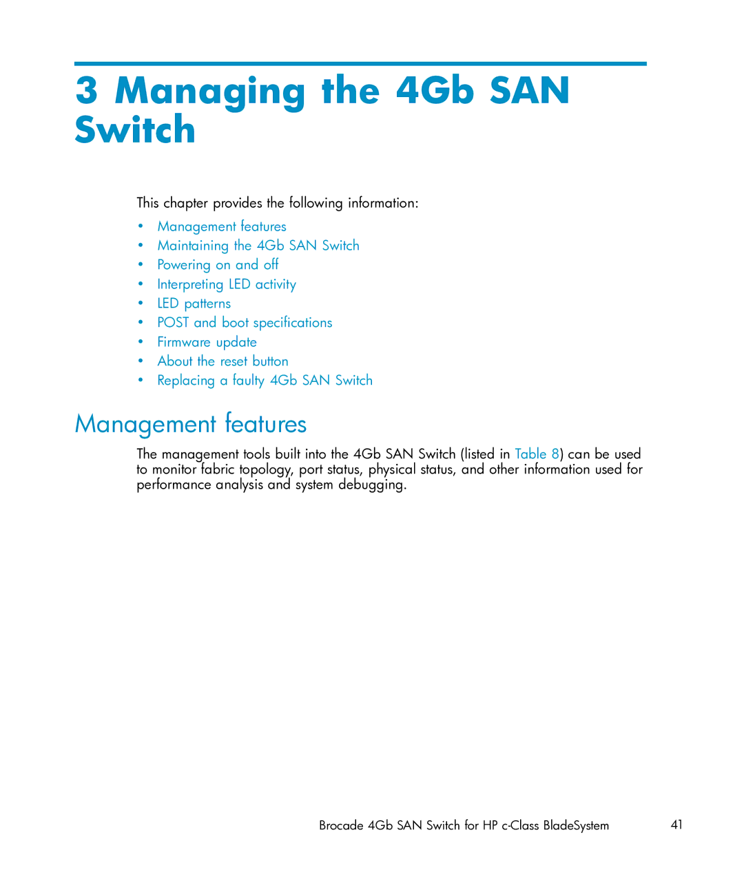 HP Brocade 4Gb SAN c-Class BladeSystem manual Managing the 4Gb SAN Switch, Management features 