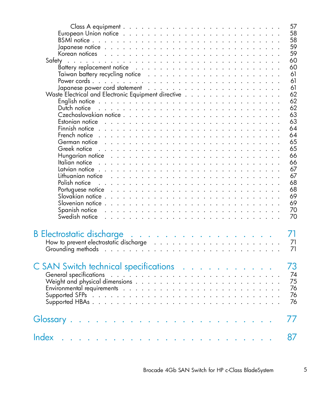 HP Brocade 4Gb SAN c-Class BladeSystem manual Electrostatic discharge, SAN Switch technical speciﬁcations, Glossary Index 