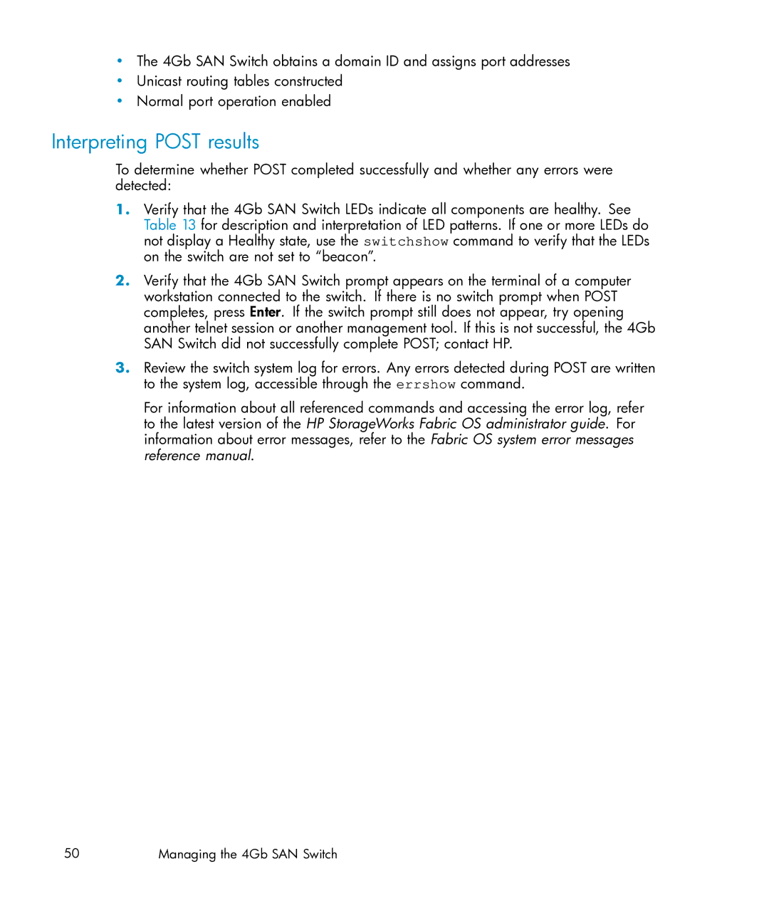 HP Brocade 4Gb SAN c-Class BladeSystem manual Interpreting Post results 