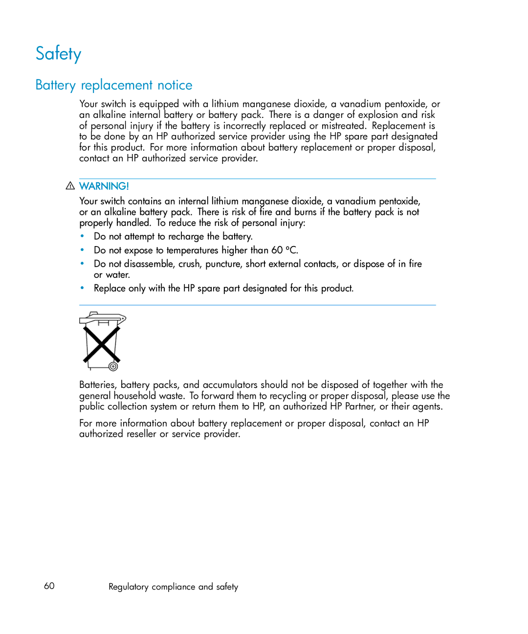 HP Brocade 4Gb SAN c-Class BladeSystem manual Safety, Battery replacement notice 