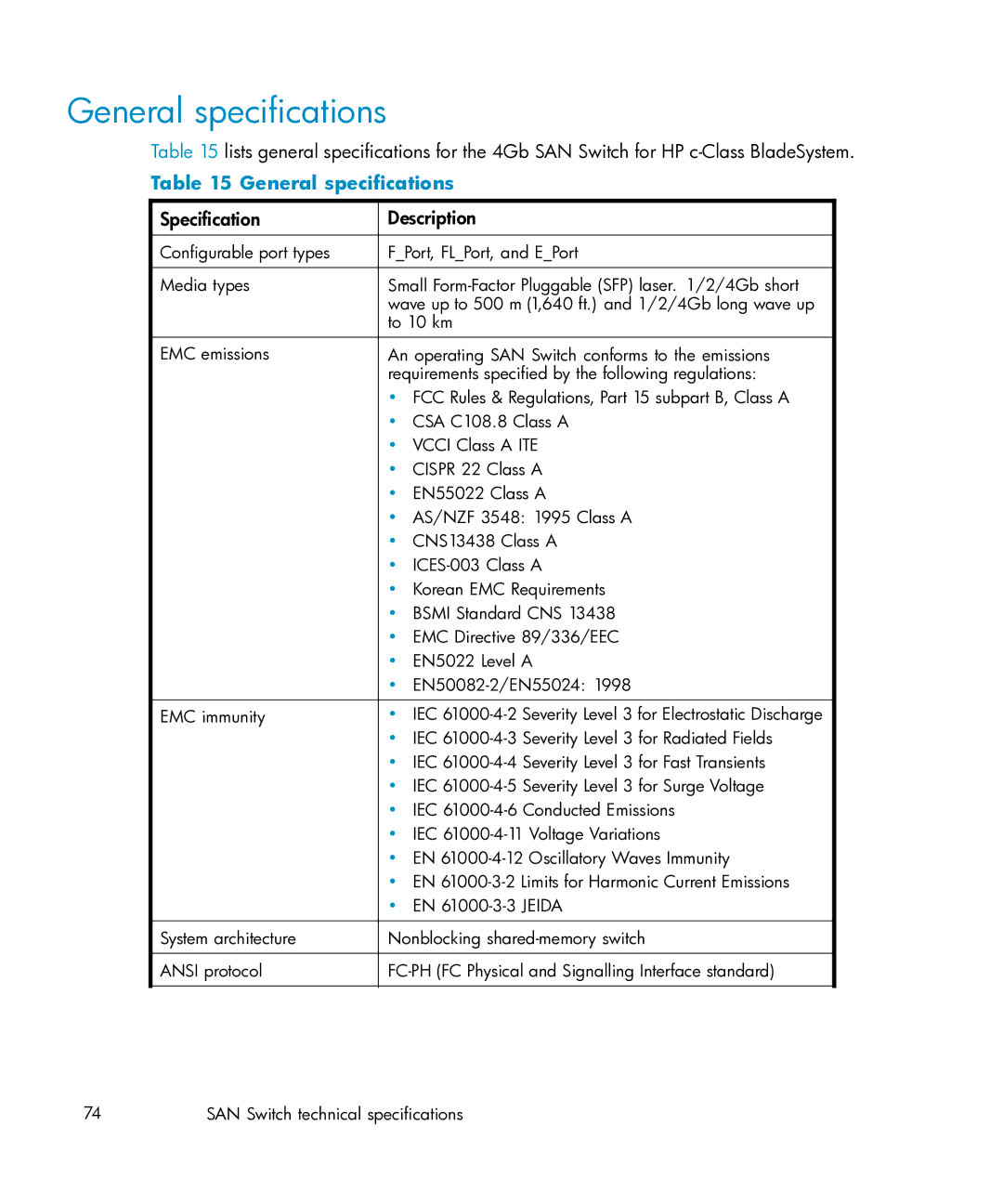 HP Brocade 4Gb SAN c-Class BladeSystem manual General speciﬁcations, Speciﬁcation Description 