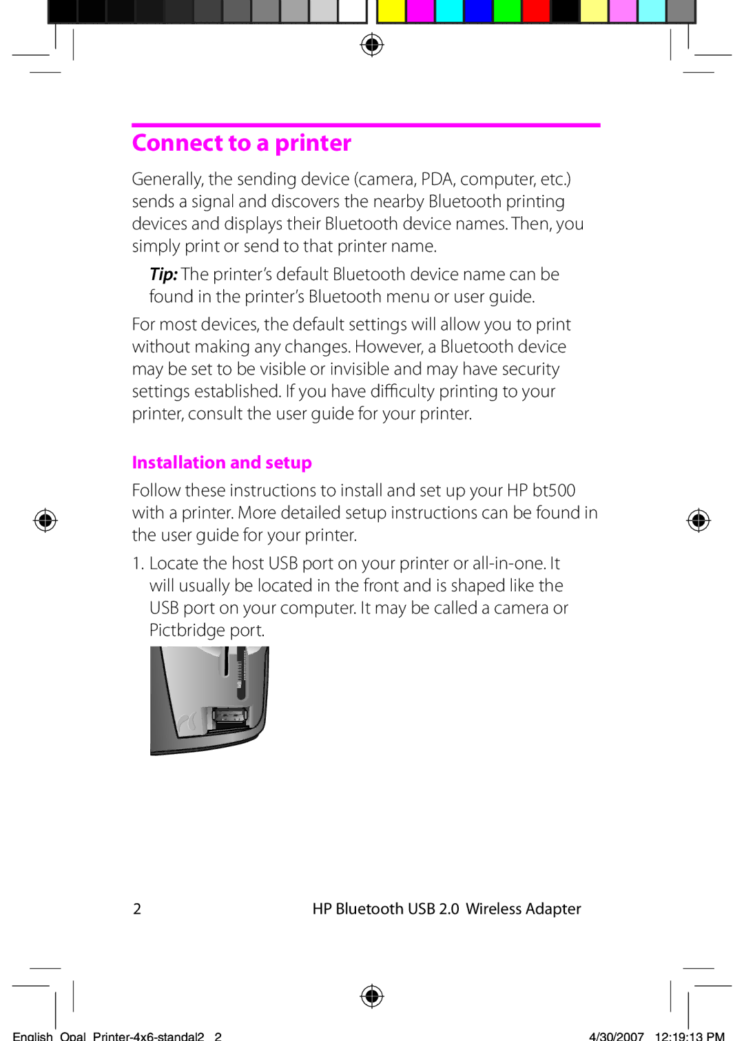 HP bt500 Bluetooth USB 2.0 Adapter manual Connect to a printer, Installation and setup 