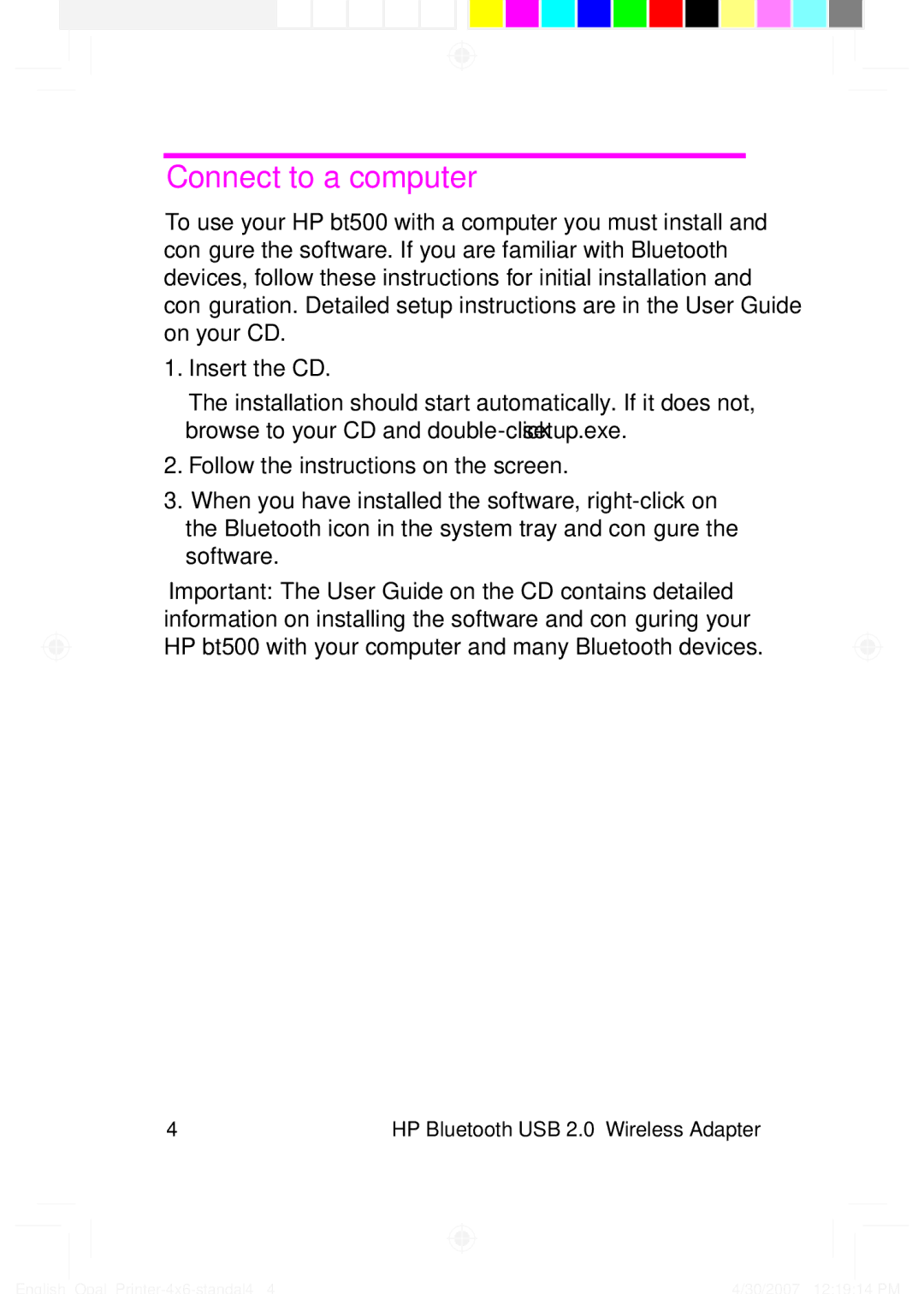 HP bt500 Bluetooth USB 2.0 Adapter manual Connect to a computer 