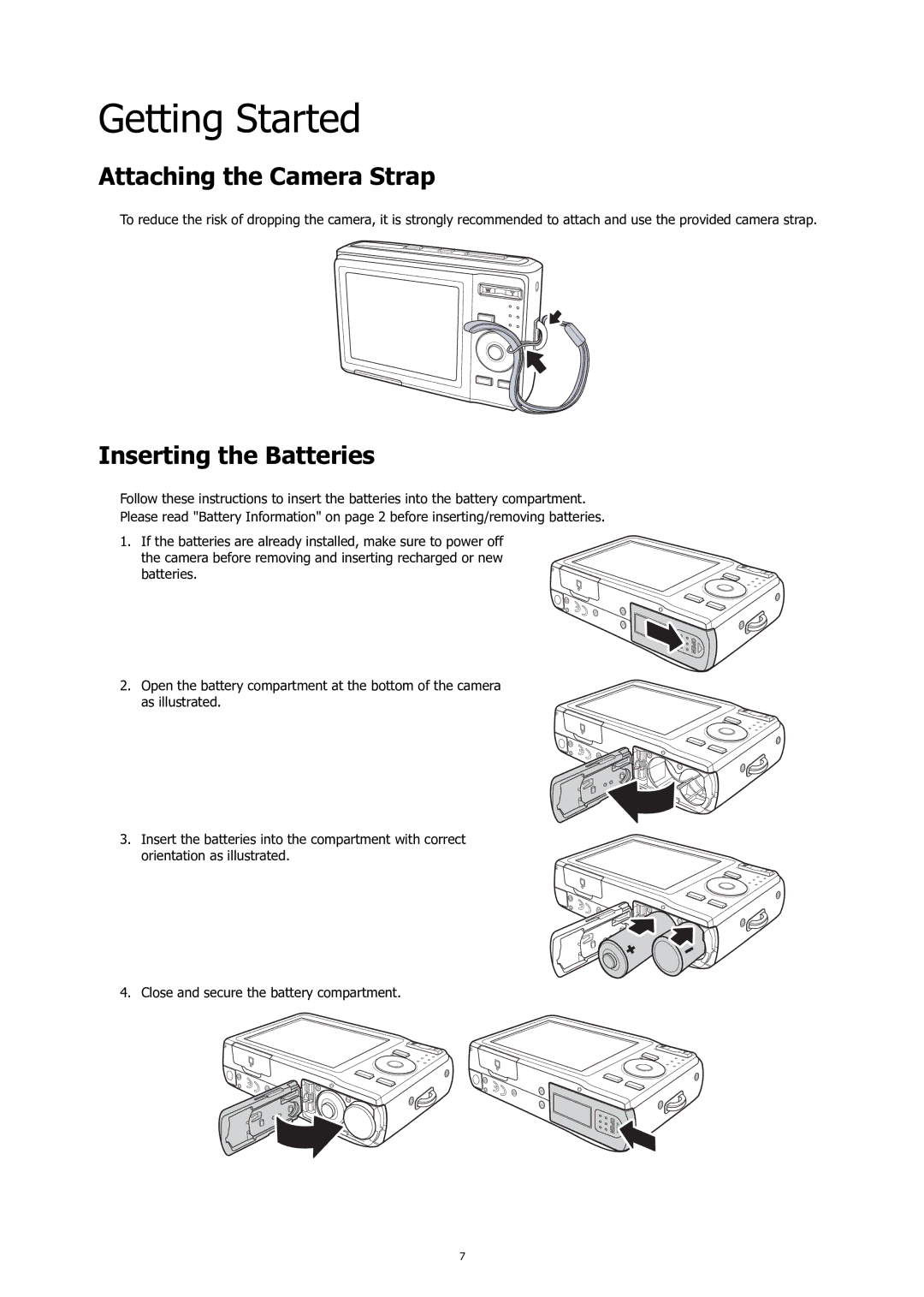 HP C-200 manual Getting Started, Attaching the Camera Strap, Inserting the Batteries 