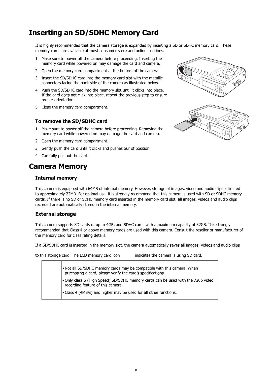 HP C-200 Inserting an SD/SDHC Memory Card, Camera Memory, To remove the SD/SDHC card, Internal memory, External storage 