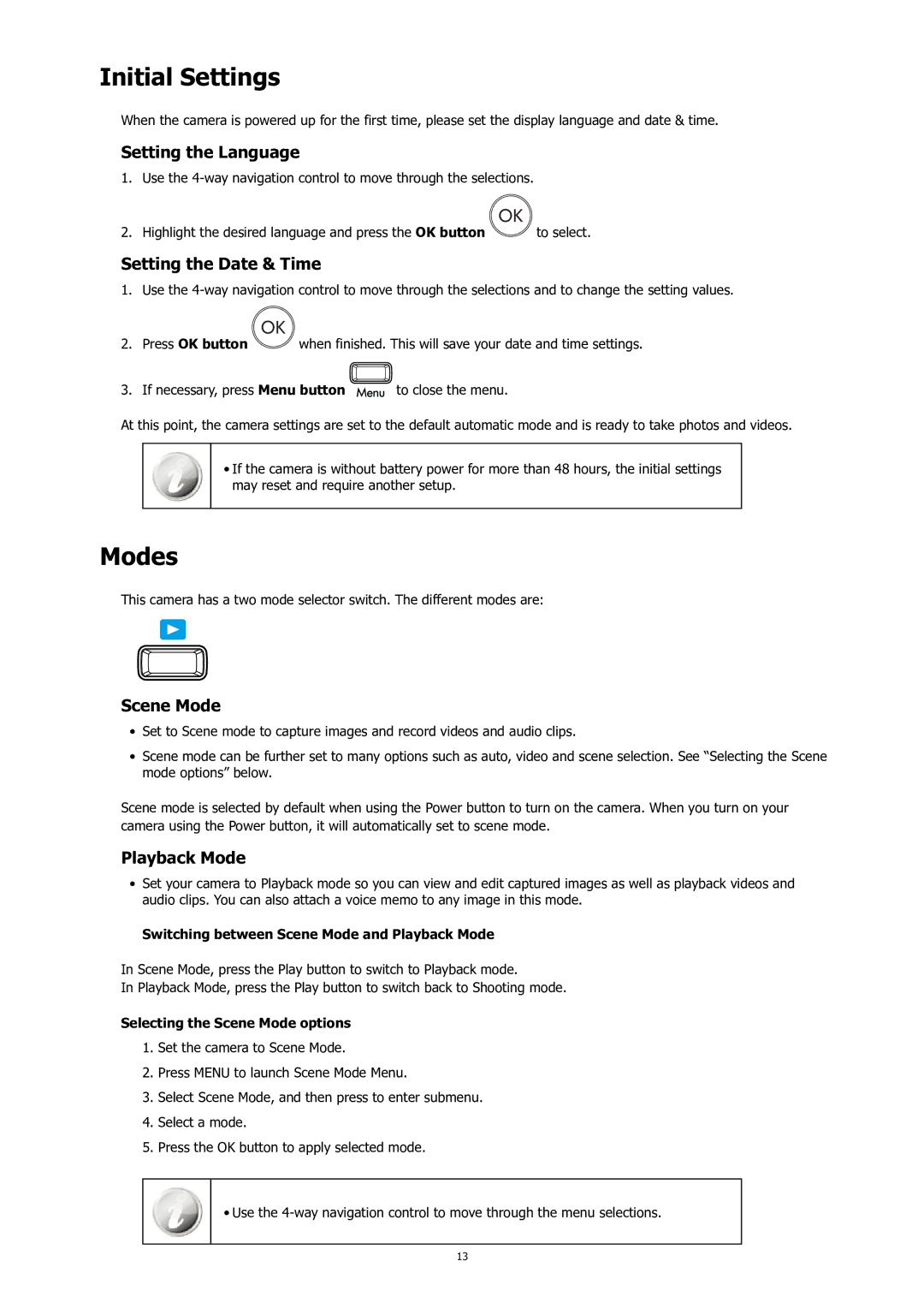 HP C-200 manual Initial Settings, Modes 