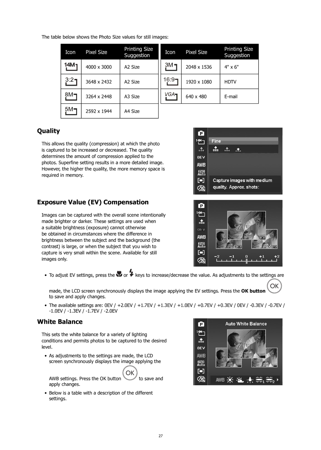 HP C-200 manual Quality, Exposure Value EV Compensation, White Balance 