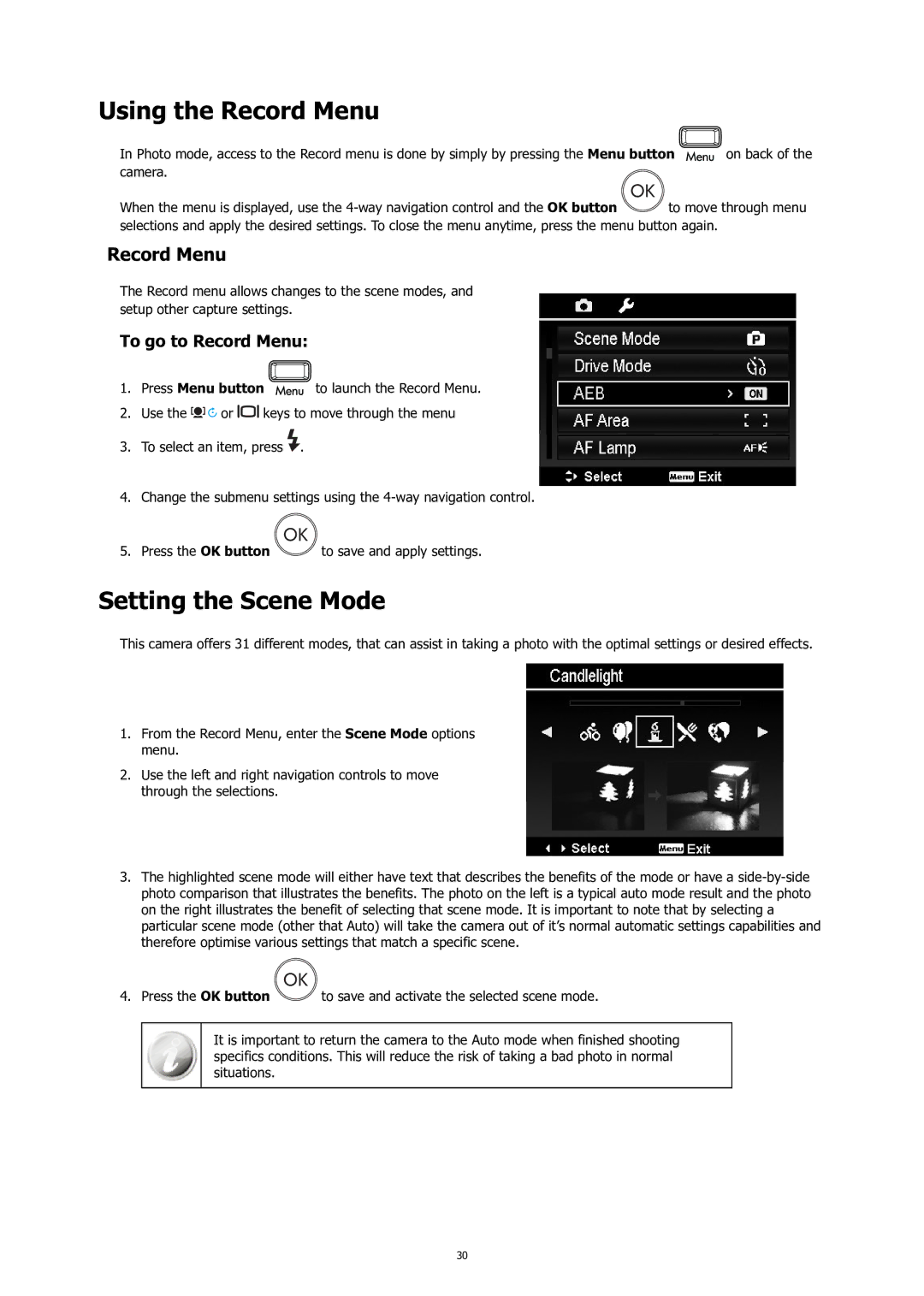 HP C-200 manual Using the Record Menu, Setting the Scene Mode, To go to Record Menu 