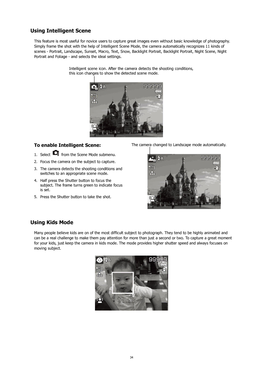 HP C-200 manual Using Intelligent Scene, Using Kids Mode, To enable Intelligent Scene 