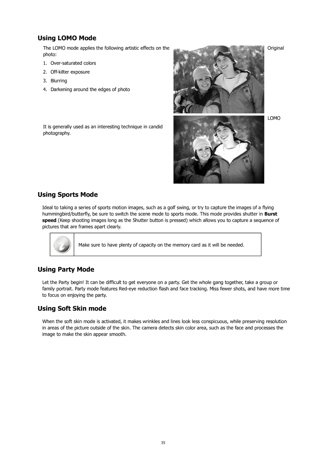 HP C-200 manual Using Lomo Mode, Using Sports Mode, Using Party Mode, Using Soft Skin mode 