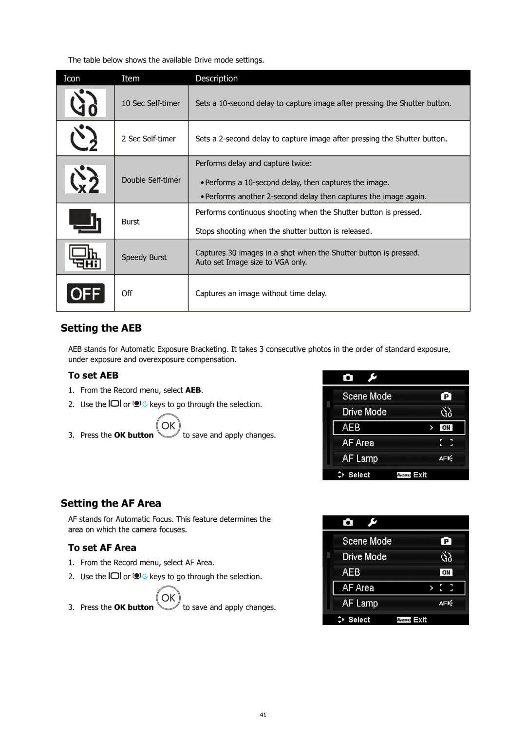 HP C-200 manual Setting the AEB, Setting the AF Area, To set AEB, To set AF Area 