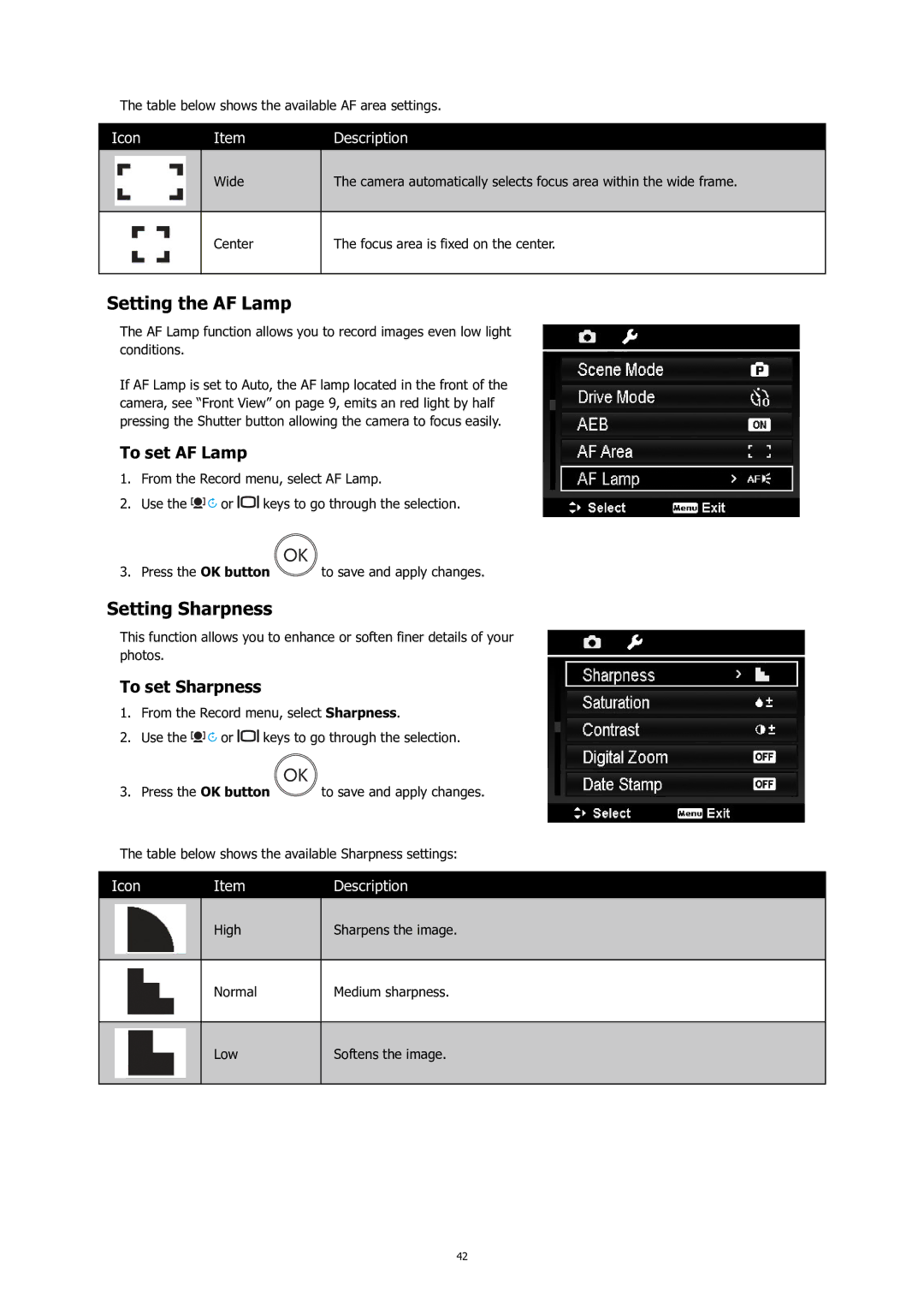 HP C-200 manual Setting the AF Lamp, Setting Sharpness, To set AF Lamp, To set Sharpness 