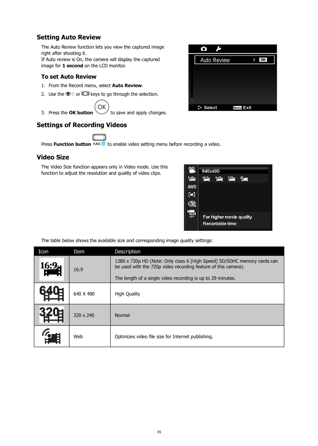 HP C-200 manual Setting Auto Review, Settings of Recording Videos, Video Size, To set Auto Review 