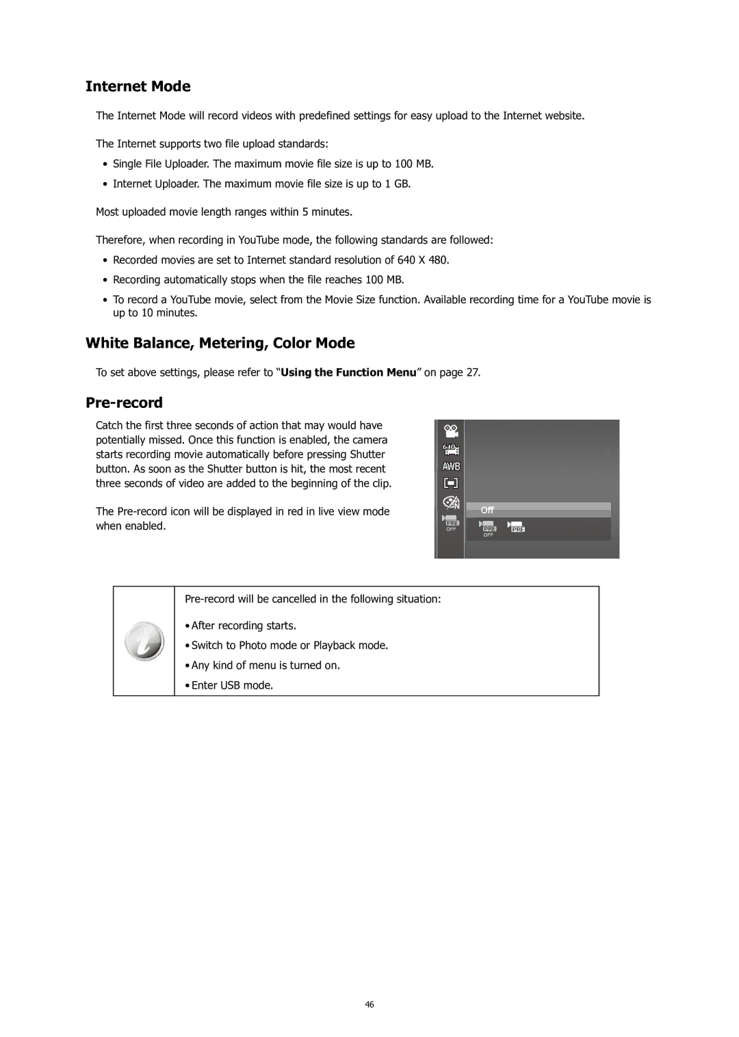 HP C-200 manual Internet Mode, White Balance, Metering, Color Mode, Pre-record 