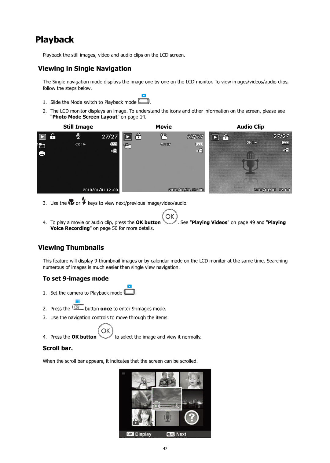 HP C-200 manual Playback, Viewing in Single Navigation, Viewing Thumbnails, To set 9-images mode, Scroll bar 