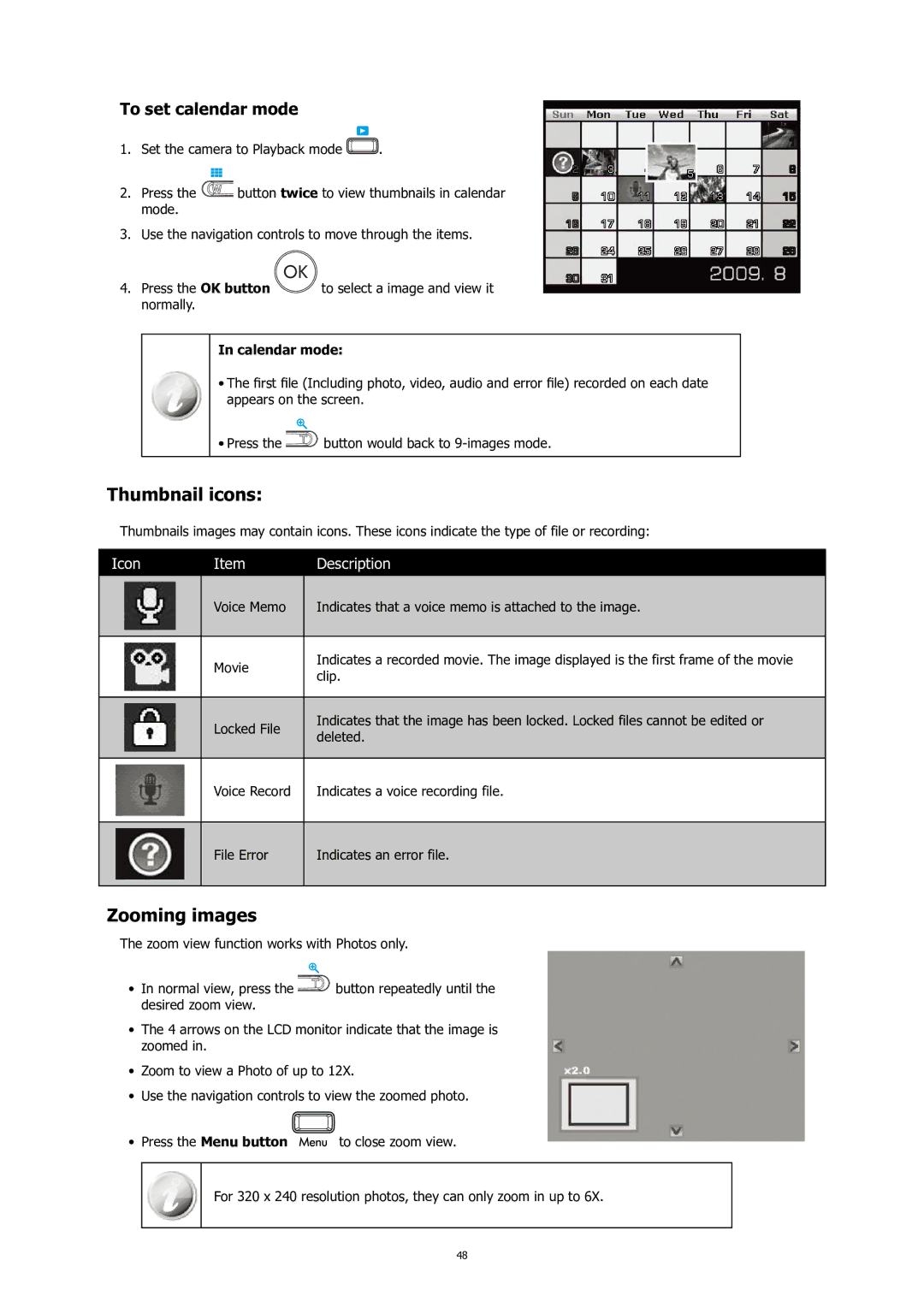 HP C-200 manual Thumbnail icons, Zooming images, To set calendar mode, Calendar mode 