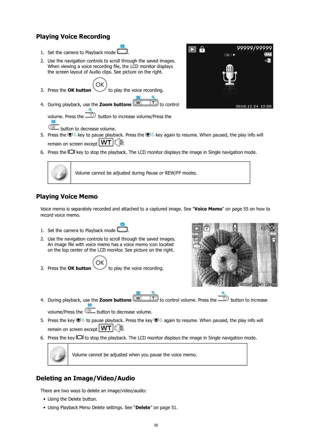 HP C-200 manual Playing Voice Recording, Playing Voice Memo, Deleting an Image/Video/Audio 