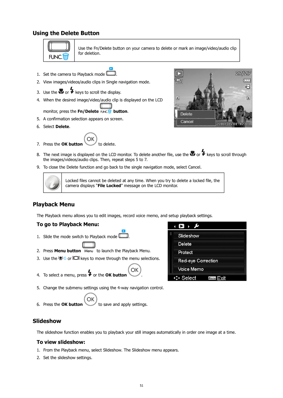 HP C-200 manual Using the Delete Button, Slideshow, To go to Playback Menu, To view slideshow 