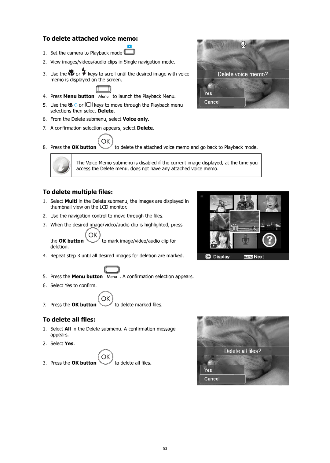 HP C-200 manual To delete attached voice memo, To delete multiple ﬁ les, To delete all ﬁ les 