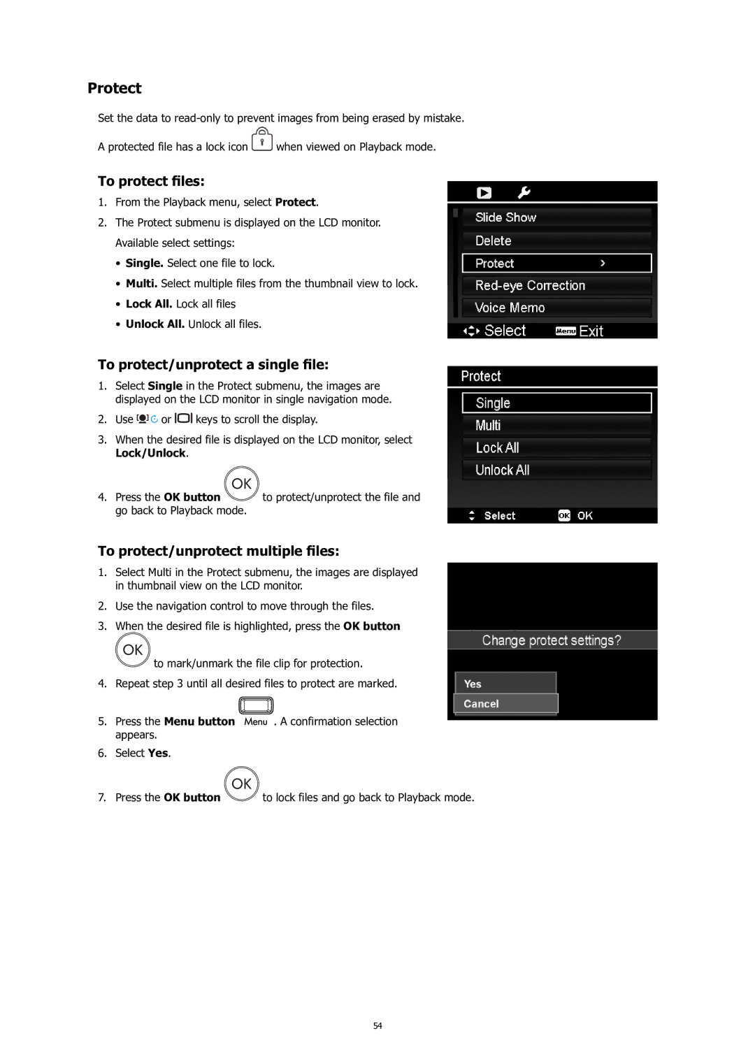 HP C-200 manual Protect, To protect ﬁ les, To protect/unprotect a single ﬁ le, To protect/unprotect multiple ﬁ les 