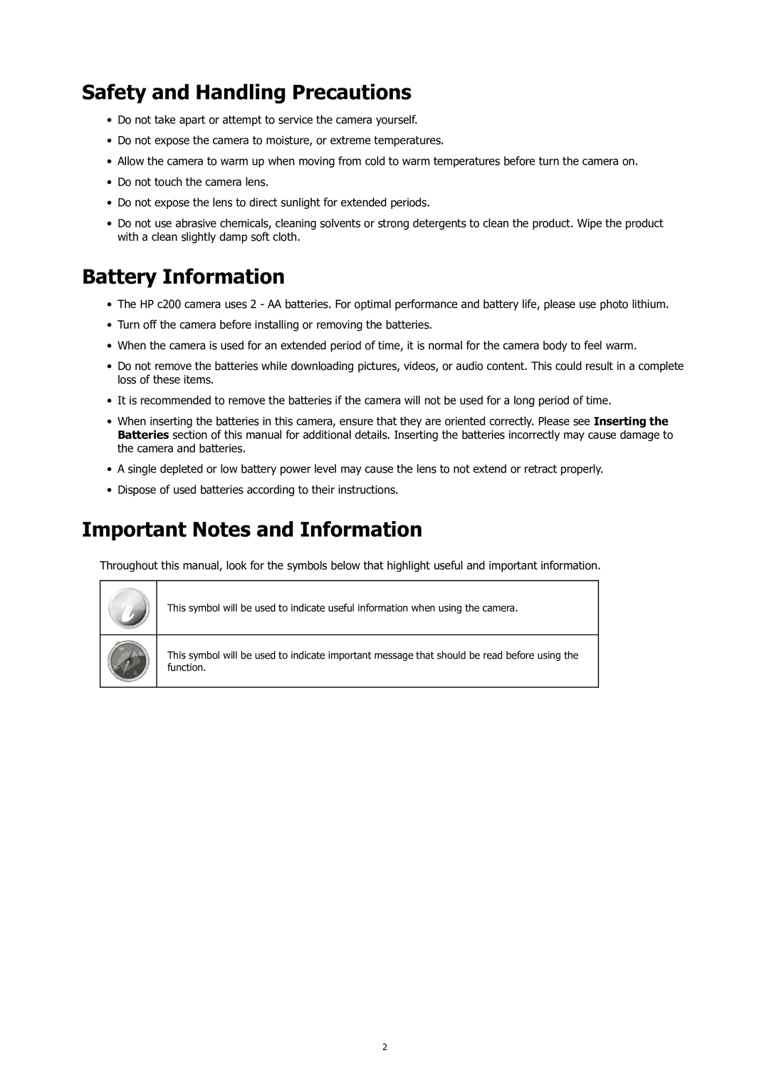 HP C-200 manual Safety and Handling Precautions, Battery Information, Important Notes and Information 