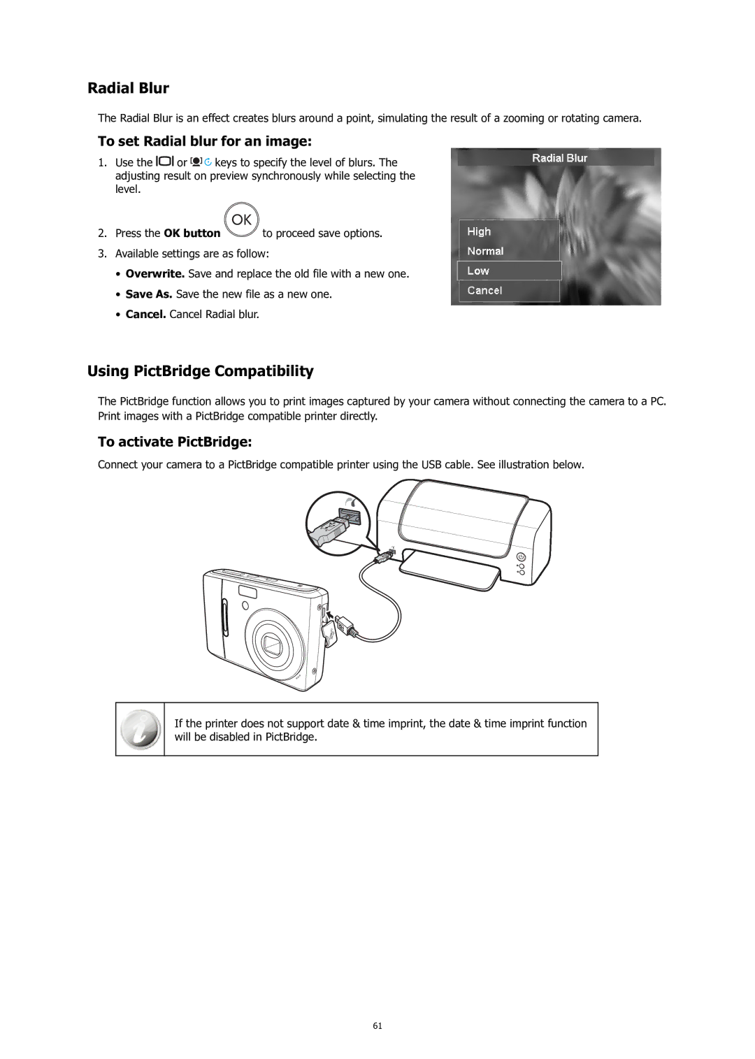 HP C-200 manual Radial Blur, Using PictBridge Compatibility, To set Radial blur for an image, To activate PictBridge 