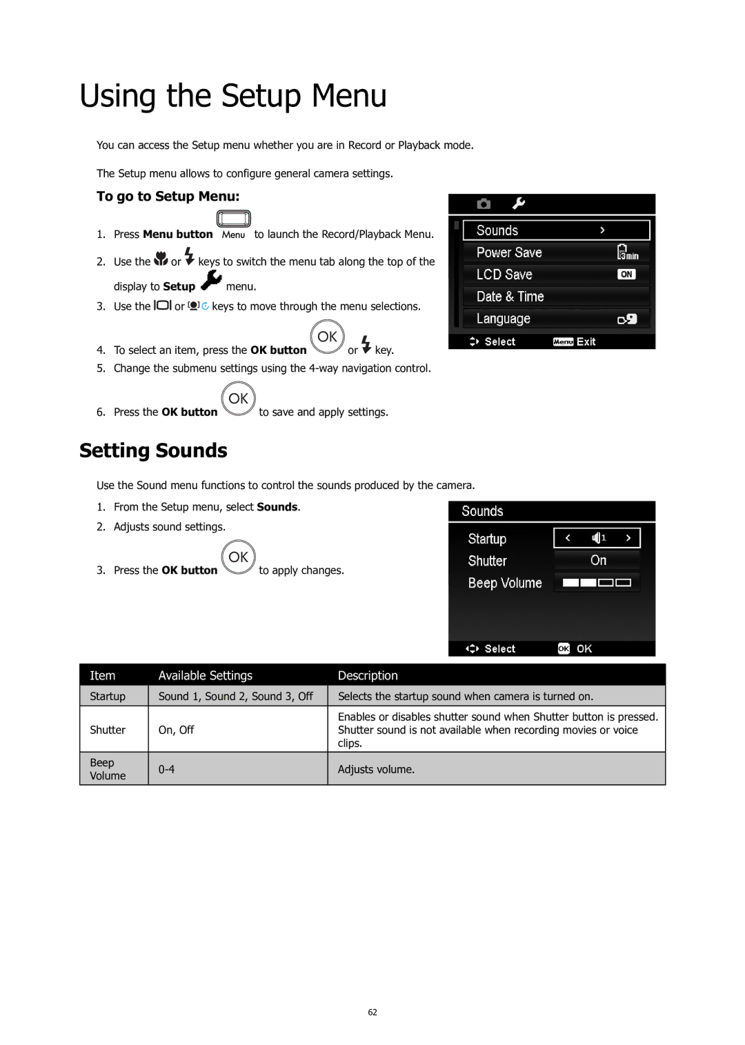 HP C-200 manual Using the Setup Menu, Setting Sounds, To go to Setup Menu 