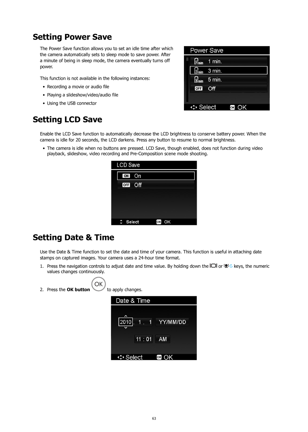 HP C-200 manual Setting Power Save, Setting LCD Save, Setting Date & Time 