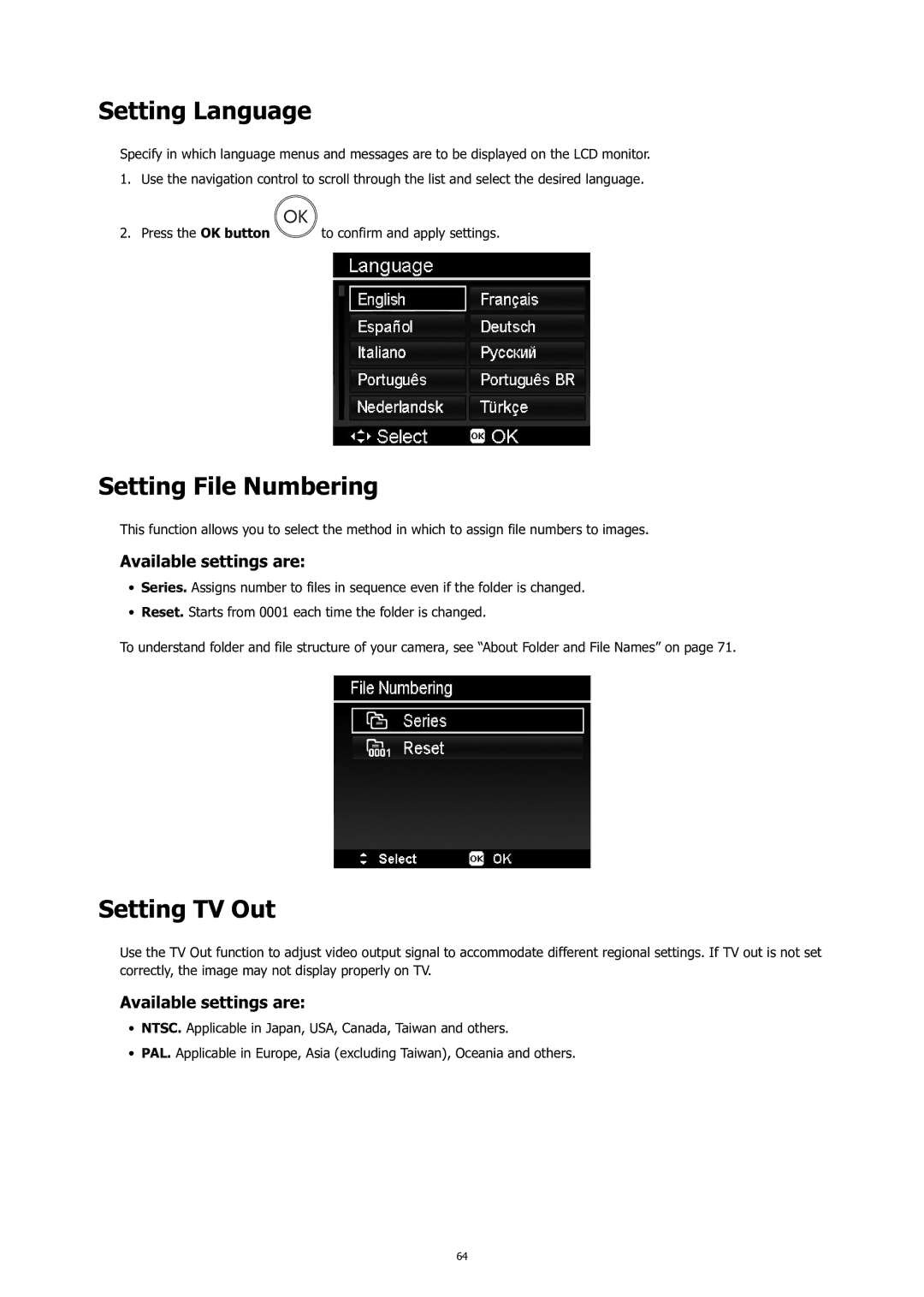 HP C-200 manual Setting Language, Setting File Numbering, Setting TV Out, Available settings are 