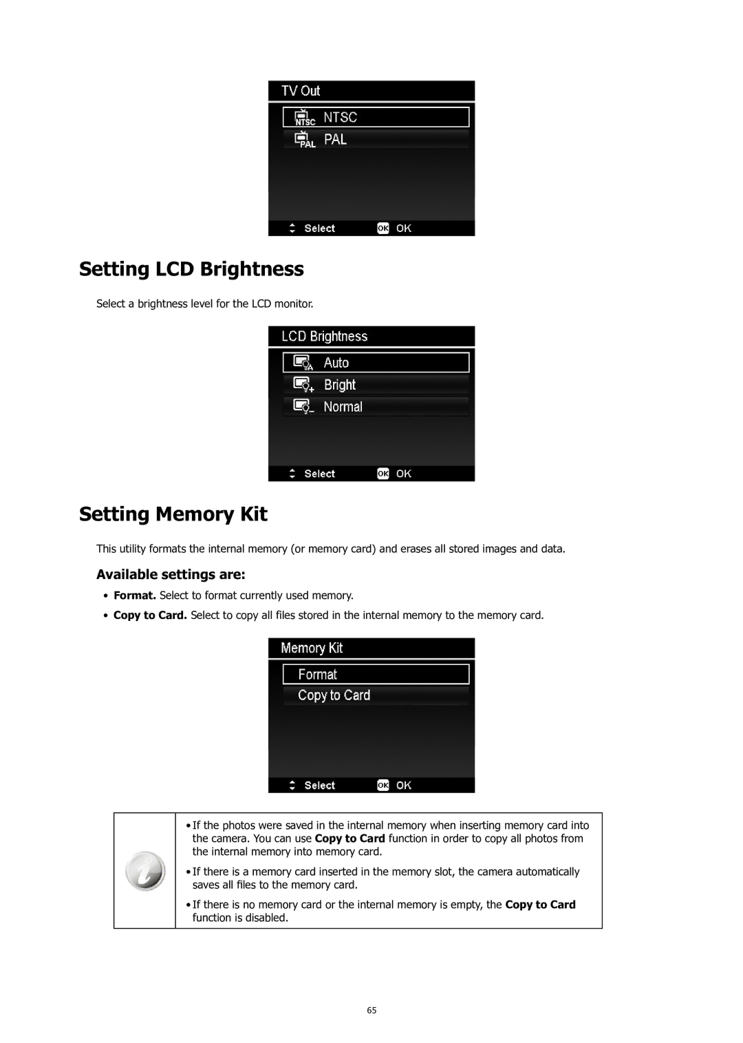 HP C-200 manual Setting LCD Brightness, Setting Memory Kit 