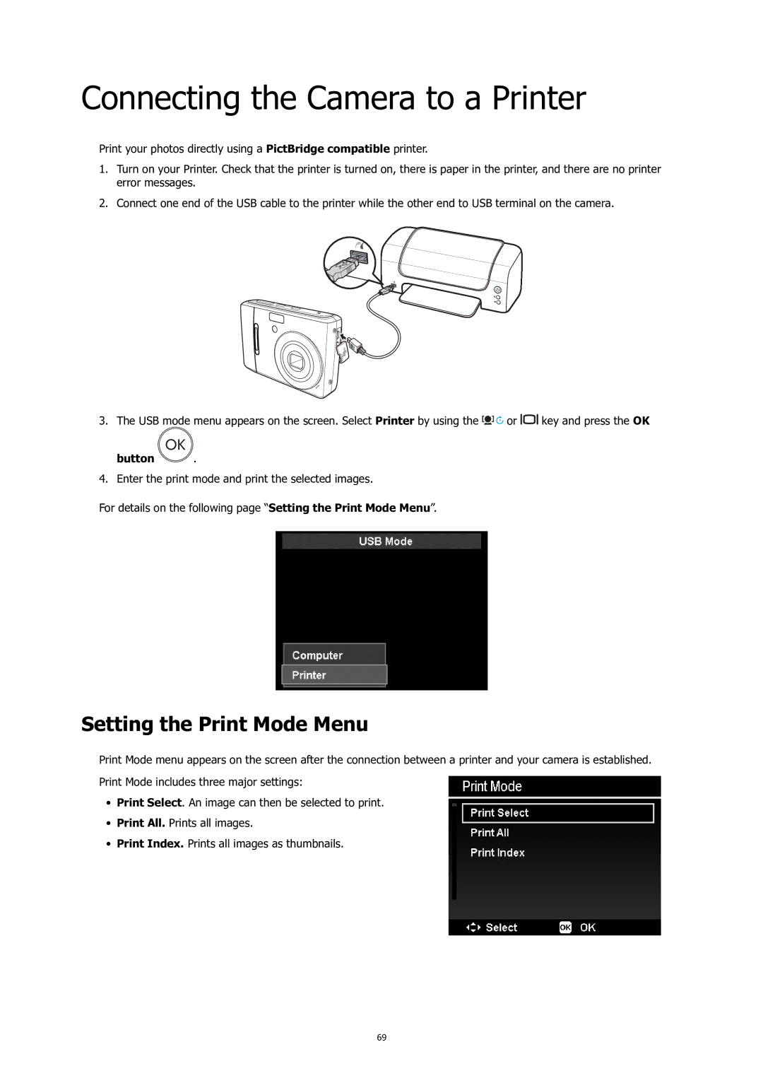 HP C-200 manual Connecting the Camera to a Printer, Setting the Print Mode Menu 