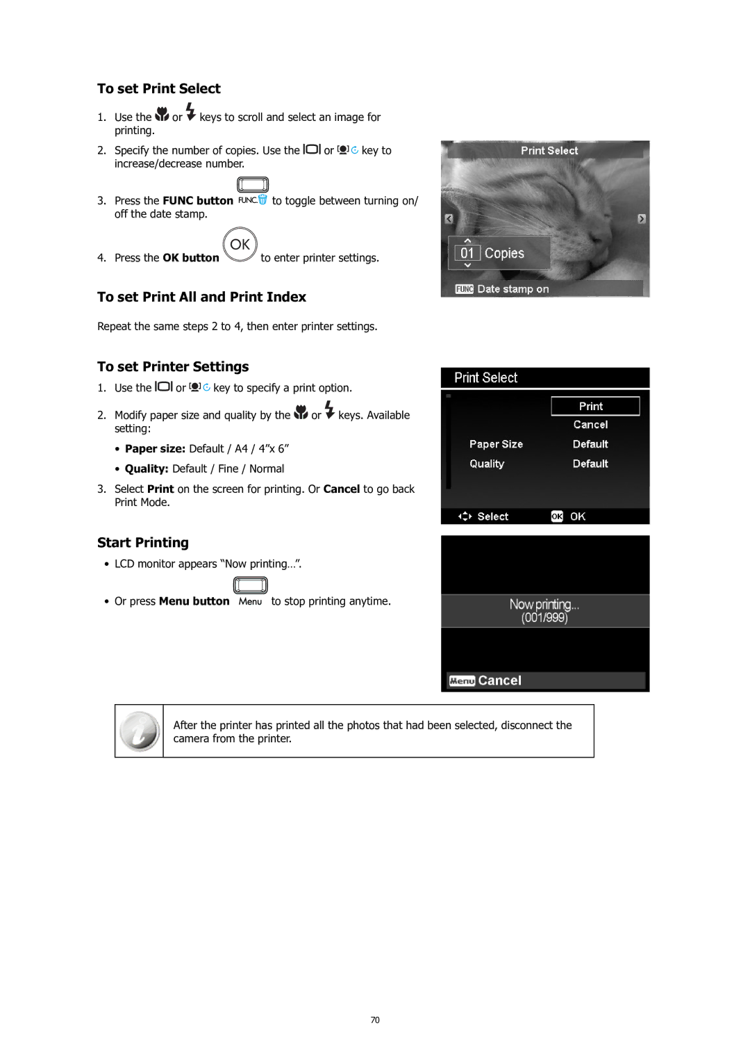 HP C-200 manual To set Print Select, To set Print All and Print Index, To set Printer Settings, Start Printing 