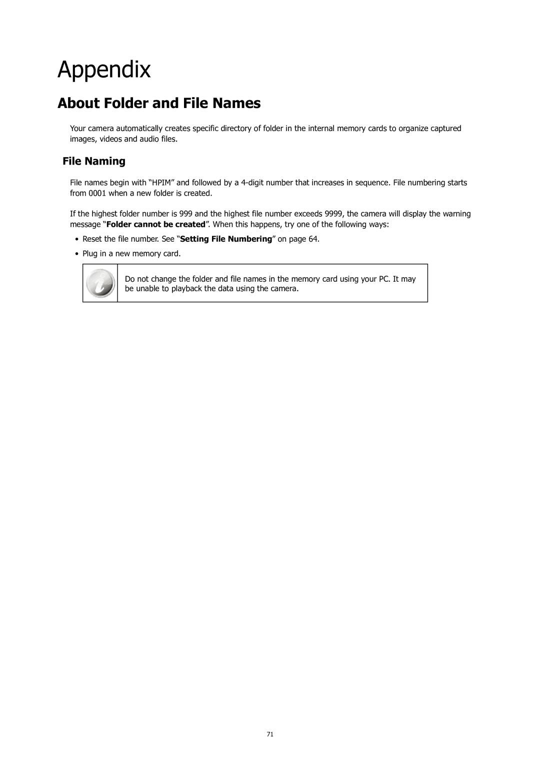 HP C-200 manual Appendix, About Folder and File Names, File Naming 