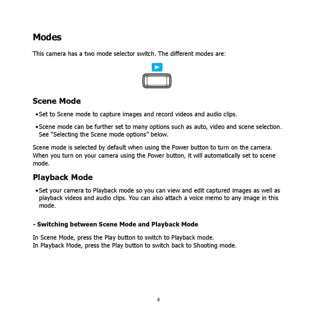 HP C-200 manual Modes, Switching between Scene Mode and Playback Mode 