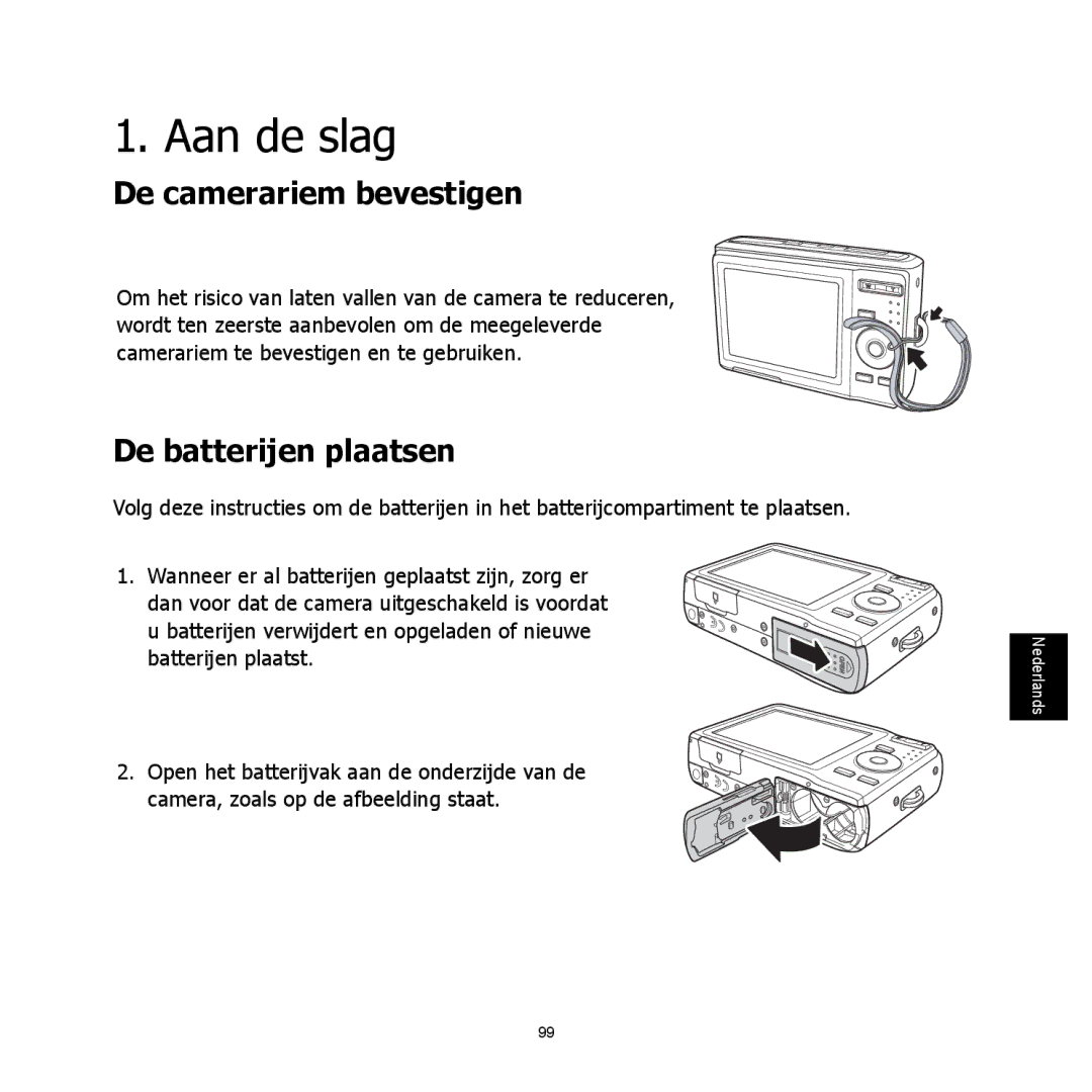 HP C-200 manual Aan de slag, De camerariem bevestigen, De batterijen plaatsen 