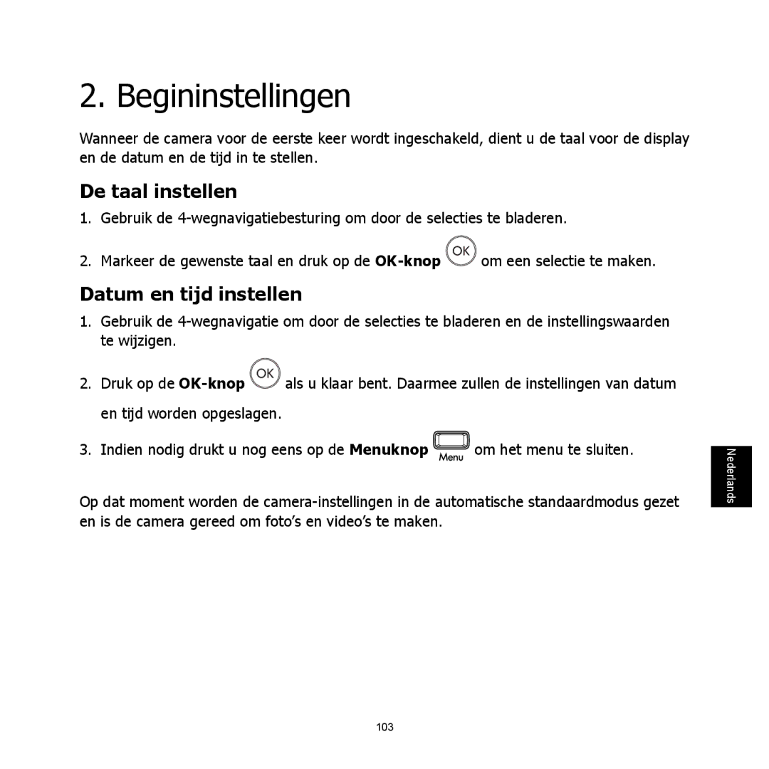 HP C-200 manual Begininstellingen, De taal instellen, Datum en tijd instellen 