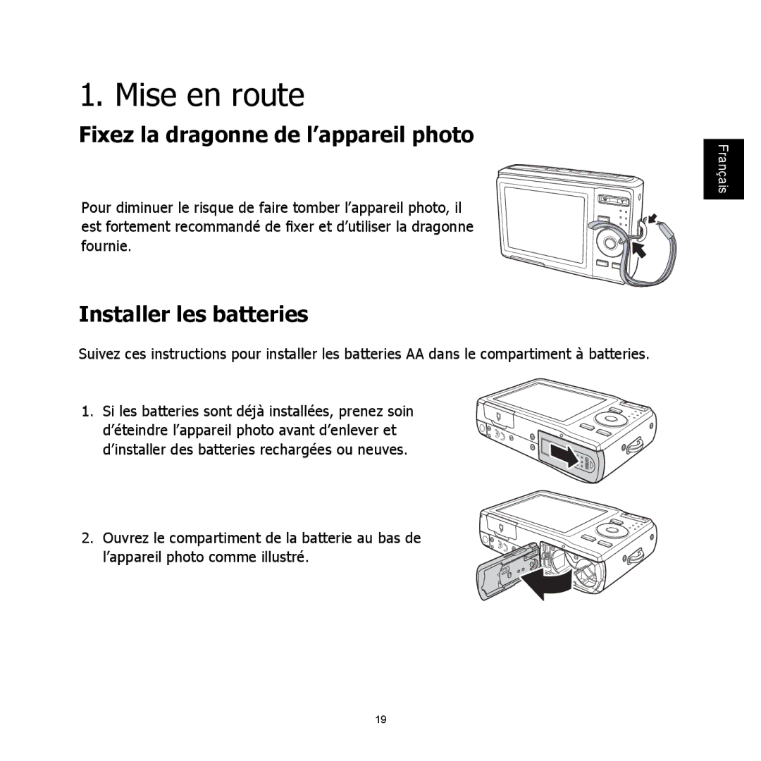 HP C-200 manual Mise en route, Fixez la dragonne de l’appareil photo, Installer les batteries 