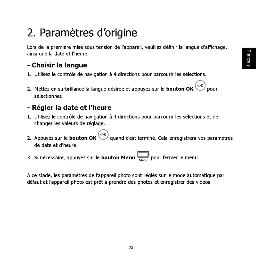 HP C-200 manual Paramètres d’origine, Choisir la langue, Régler la date et l’heure 