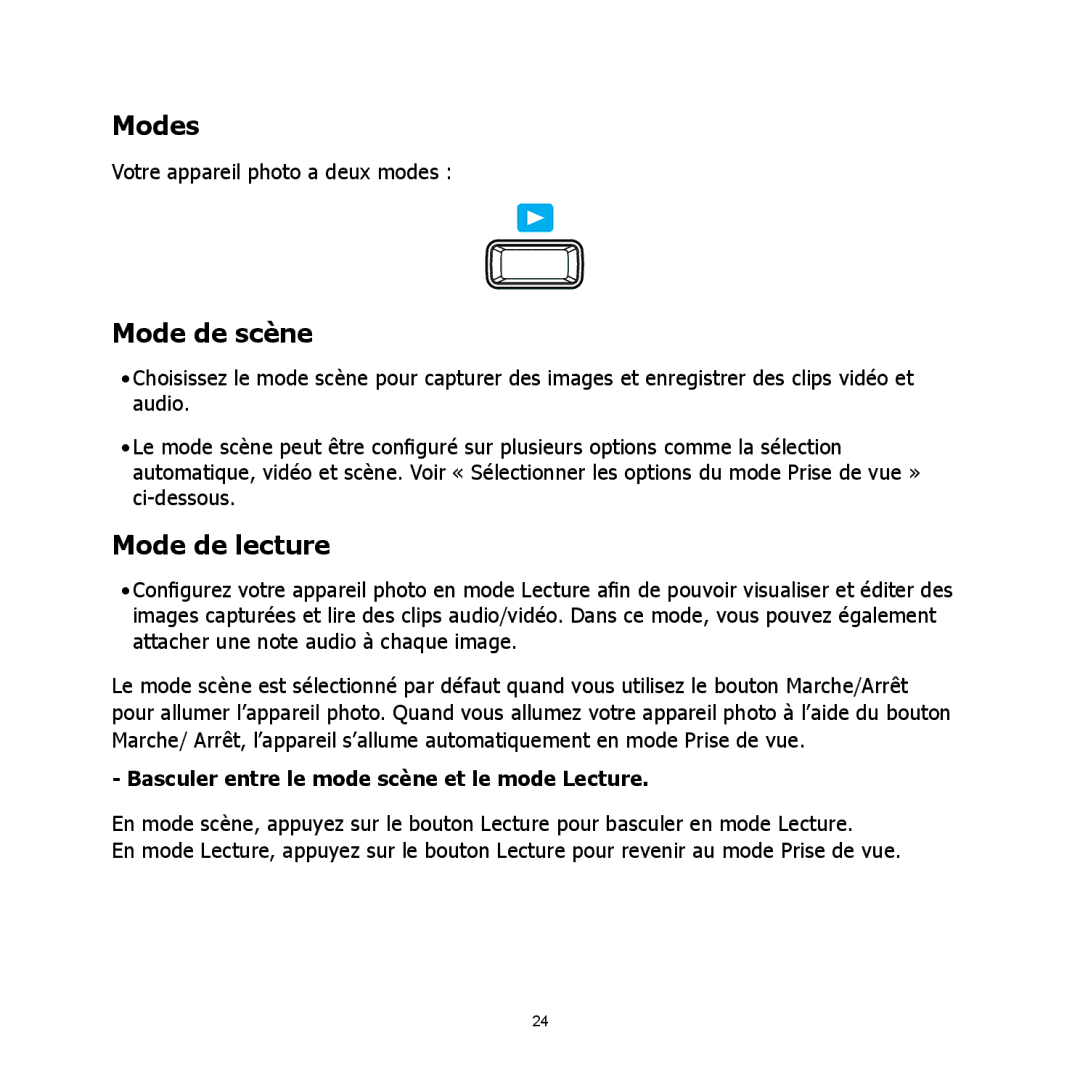 HP C-200 manual Modes, Mode de scène, Mode de lecture, Basculer entre le mode scène et le mode Lecture 