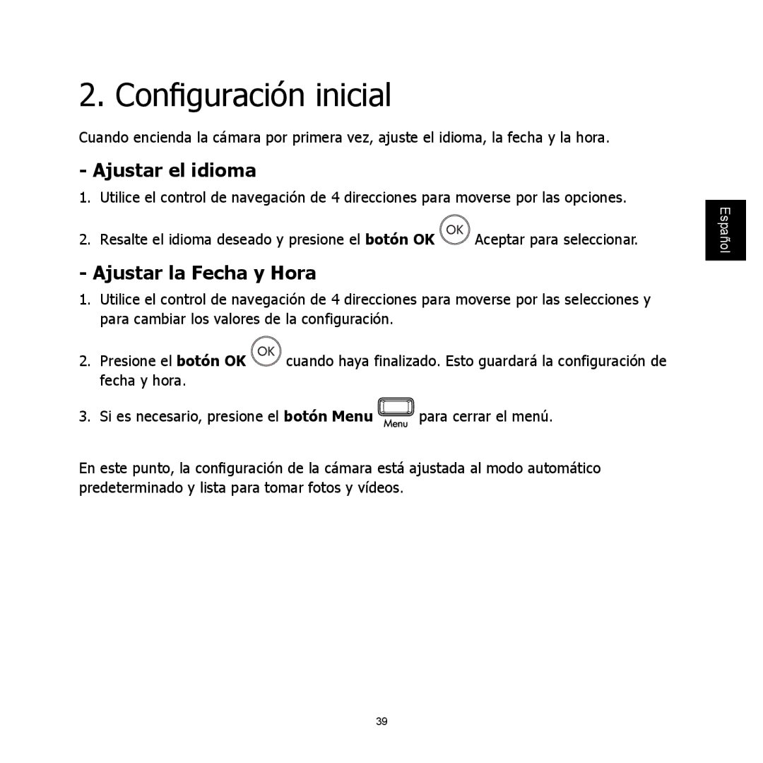 HP C-200 manual Conﬁ guración inicial, Ajustar el idioma, Ajustar la Fecha y Hora 