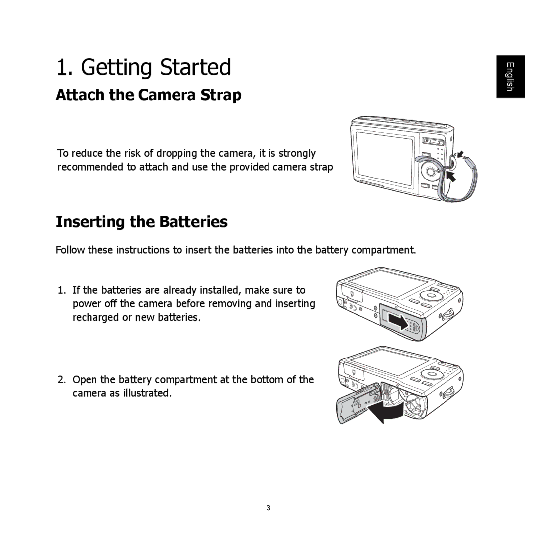 HP C-200 manual Getting Started, Attach the Camera Strap, Inserting the Batteries 