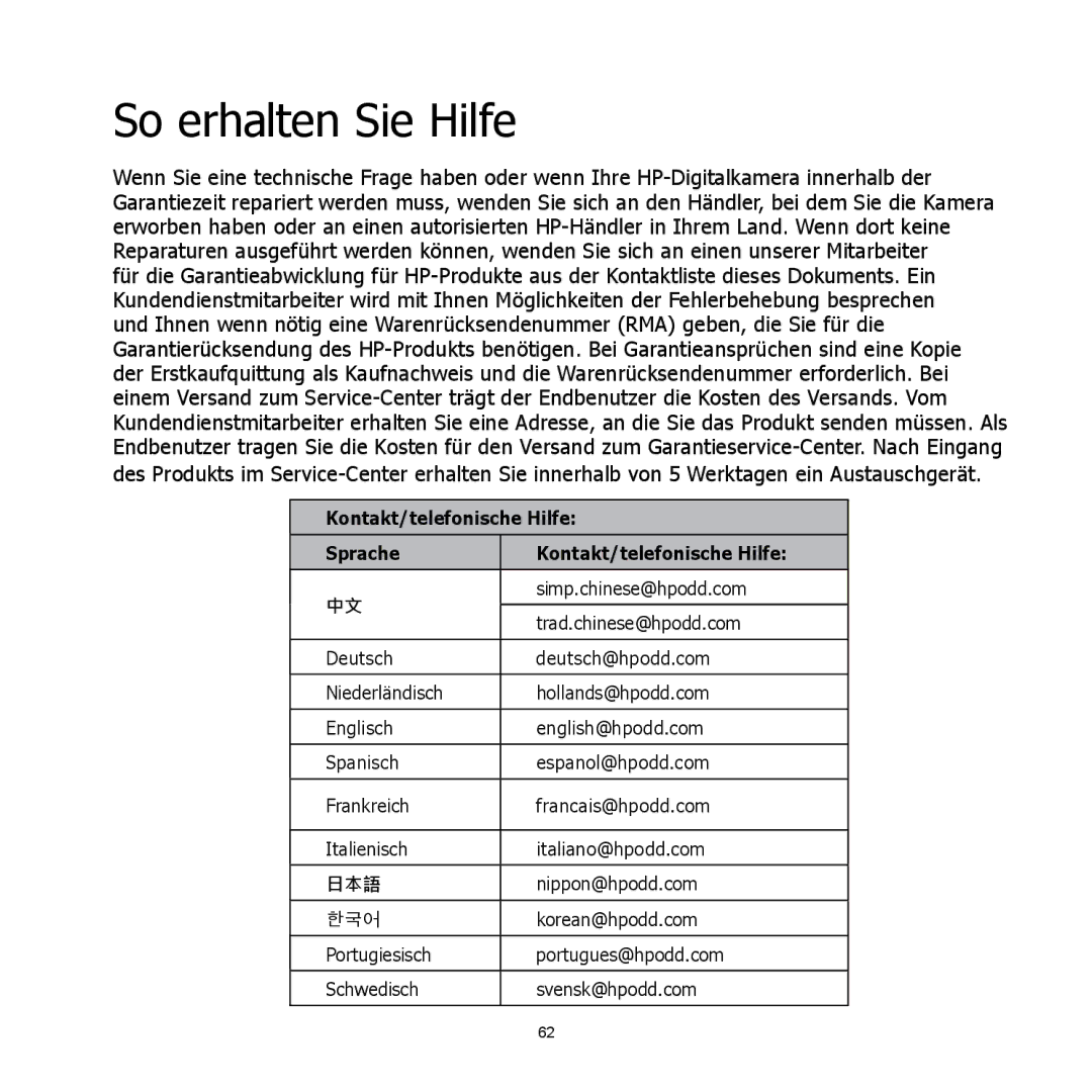 HP C-200 manual So erhalten Sie Hilfe, Kontakt/telefonische Hilfe Sprache 