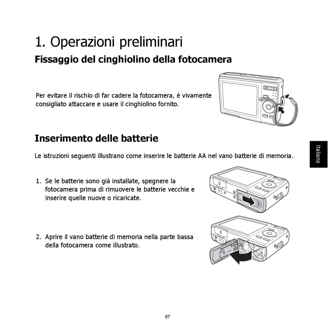 HP C-200 manual Operazioni preliminari, Fissaggio del cinghiolino della fotocamera, Inserimento delle batterie 