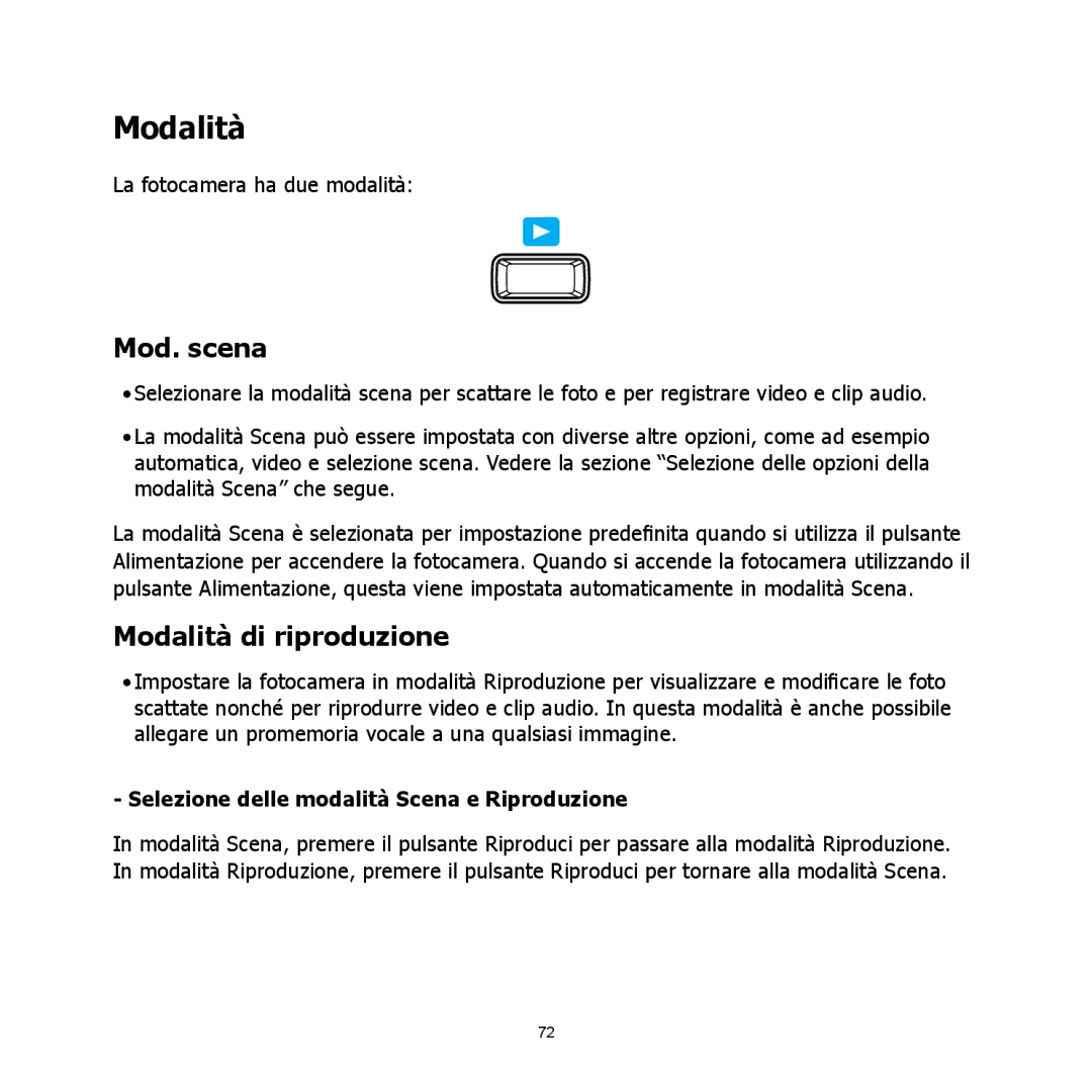 HP C-200 manual Mod. scena, Modalità di riproduzione, Selezione delle modalità Scena e Riproduzione 