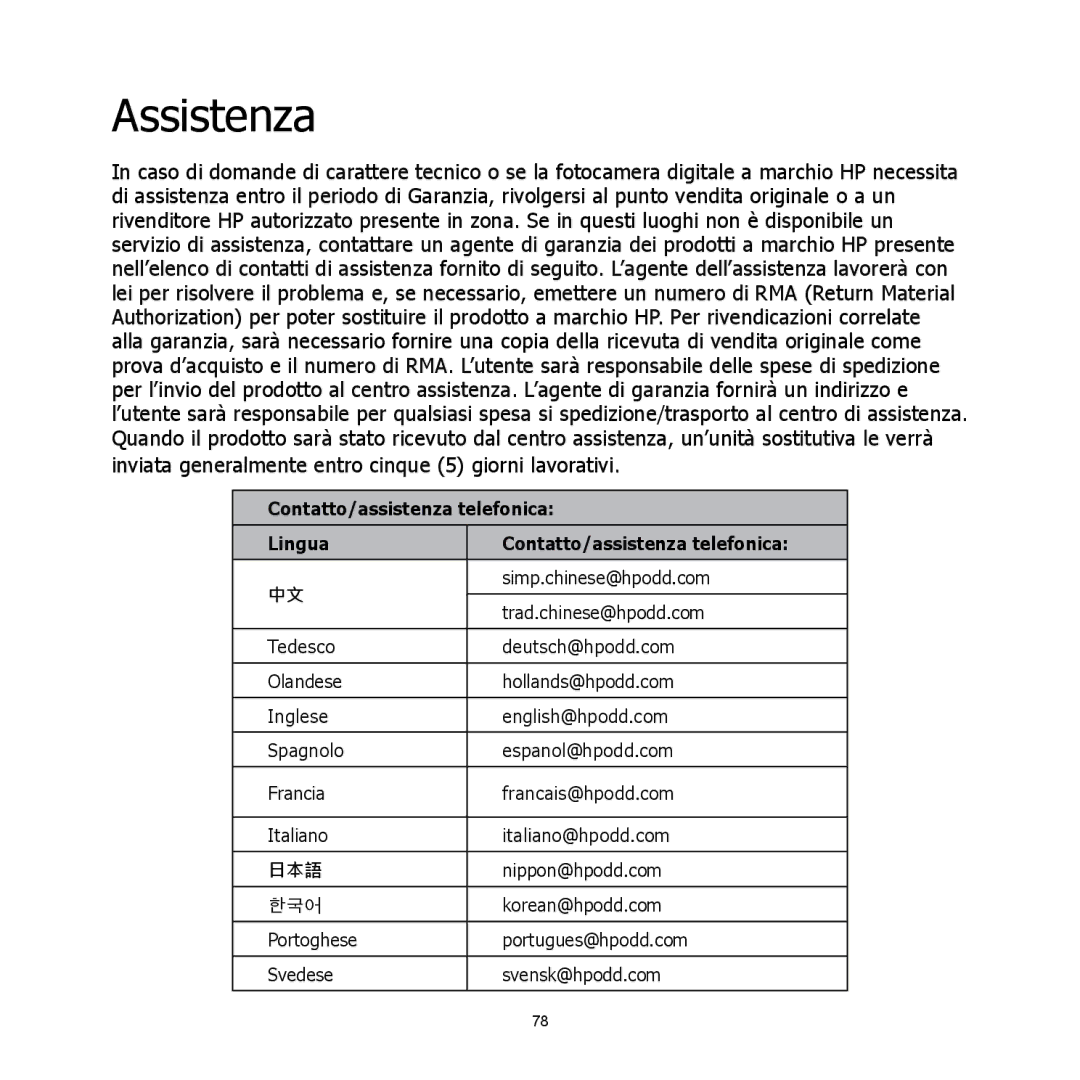 HP C-200 manual Assistenza, Contatto/assistenza telefonica Lingua 